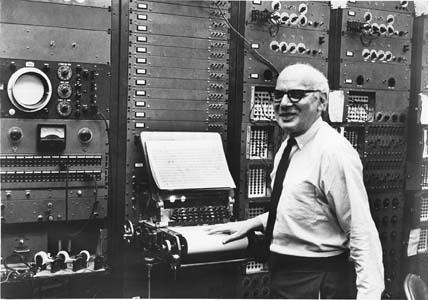 Milton Babbitt at the RCA Mark II Sound Synthesizer, Columbia-Princeton Studios, NYC, late 1950s.