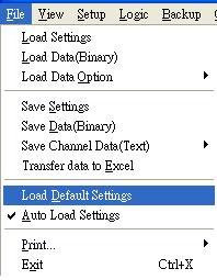 File Menu Load data Load data option Save setting Save data Transfer data to Excel Load setting Load Default Setting Auto.