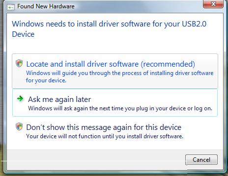 Completing install Windows Vista USB driver install When USB2.