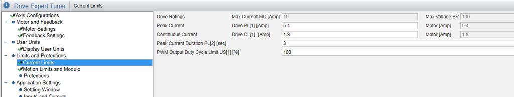 Current Limits Under Drive Expert Tuner select Current Limits. Since the numbers entered previously were RMS, Elmo multiplies by 1.414 to get the peak of sine.