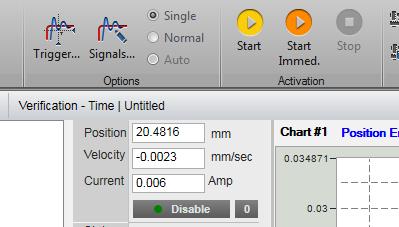 Verification of Velocity and Position Make It Go Click Start at the top of the menu (1). This will arm the scope to wait for motion to begin.