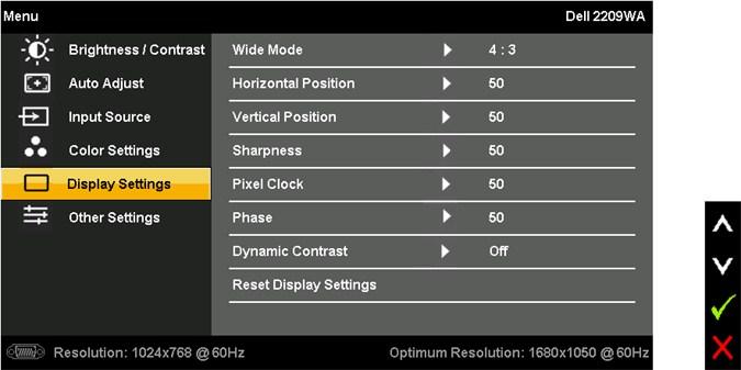 Wide Mode Adjust the image ratio as 4:3 or full screen. Horizontal P osition Use the or buttons to adjust image left and right. Minimum is '0' (-). Maximum is '100' (+).