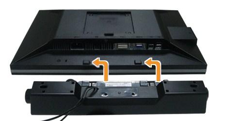 To attach the soundbar: 1. Working from the back of the monitor, attach the Soundbar by aligning the two slots with the two tabs along the bottom of the monitor. 2.