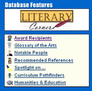 There are a number of resources found under Database Features including Literary Corner, Award Recipients,