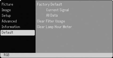 Default Returning to Factory Default The Factory Default feature allows you to change adjustments and setting to the factory preset for source except the following: <Current Signal> Resets the