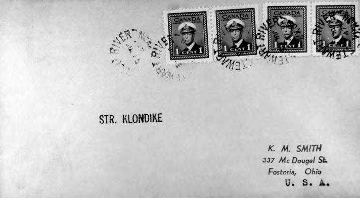 28 Hugh Delaney Figure 16. Rubber stamp STR. KLONDIKE (1947) Applied by Purser. Stewart River broken circle.