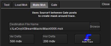 Operator's Manual MAKE MASK Use this procedure to create a new mask based on a live waveform. The mask will cover the area of the waveform, plus the boundary values you enter. 1.
