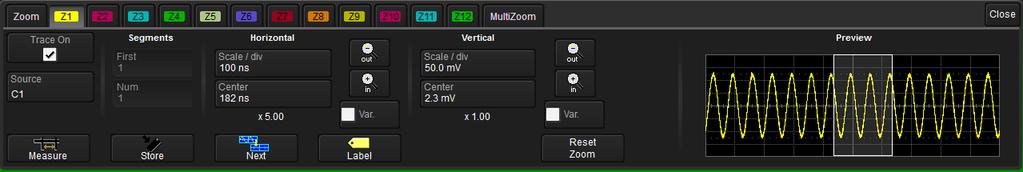 Operator's Manual Behind the main Zoom dialog is a separate tab for each potential zoom trace (Z1-Zx). Each dialog reflects the current scale settings for that zoom.