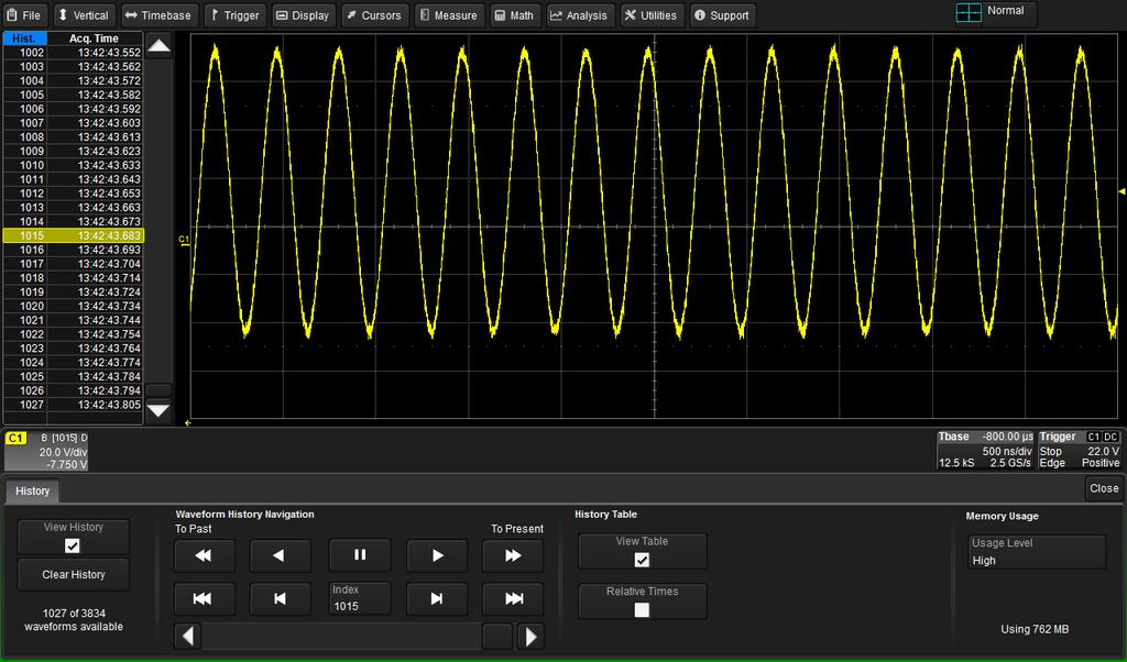 HDO8000 8-Channel High Definition Oscilloscope History Mode History Mode allows you to review any acquisition saved in the oscilloscope's history buffer, which automatically stores all acquisition