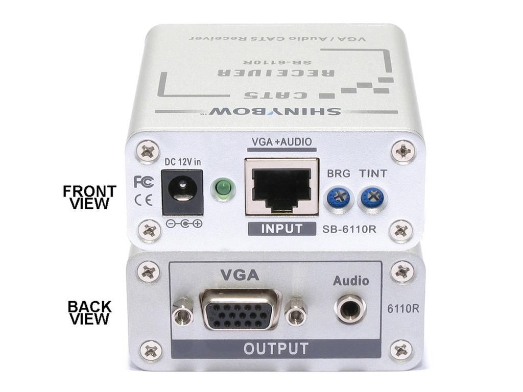 TYPICAL HOOKUP AND OPERATION SB-6110T SB-6110R TRANSMITTER RECEIVER Front: Input: (1) VGA+Stereo Audio Front: Input: (1) CAT5 (Rx) Receiver Power Output: DC12V@420mA Rear: Output: (1) CAT5 (Tx)