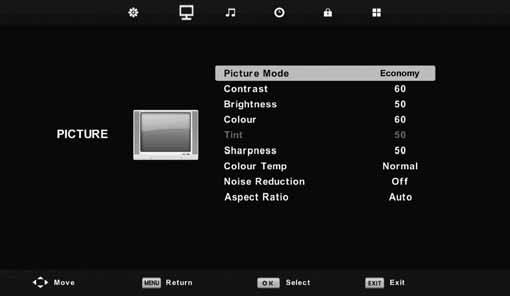 Standard features Simple everyday use Picture menu Picture Mode Dynamic - Recommended settings for fast moving pictures. Standard - Default settings.