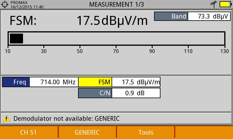 The Field Strength tool is available for all signals received by the RF input. 1 Connect the antenna to the RF input of the equipment. 2 Select a channel or frequency. 3 Press the Tools key.