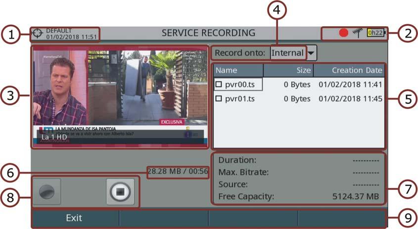 4 Press the key : Tools and select the PVR option. 5 The screen to record the service appears. 6 Start the recording by pressing the RECORD key. 7 End the recording by pressing the STOP key.