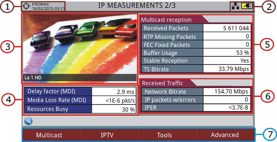 6 Measurement on the multicast reception: received packets, RTP missing packets, FEC fixed packets, buffer usage, stable reception and TS bitrate (if TS input has many variations in packet reception