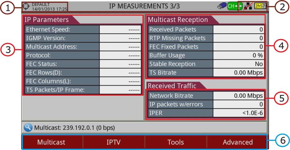 Figure 131. 1 Selected installation; date and time. 2 IPTV mode enabled; battery level.