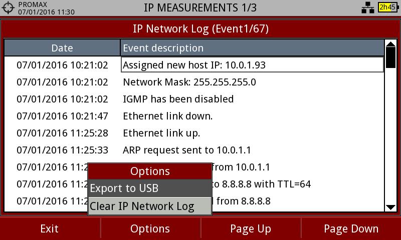 Figure 137. Options: The log can be exported to an USB flash memory or be cleared. 7.4.