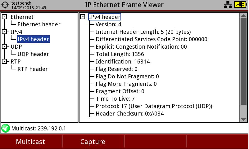 Figure 138. Multicast: It allows user to change multicast address. Capture: The system captures an Ethernet packet that belongs to the multicast stream been received.