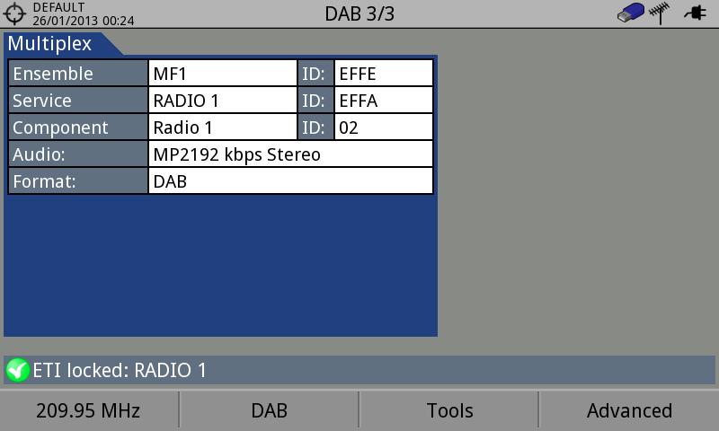 Figure 73. DAB 3/3 4.6.6 4K Decoding The equipment can identify the HEVC (H.265) signalling and display its transmission data such as the video type, profile format, aspect ratio, bit rate and image.