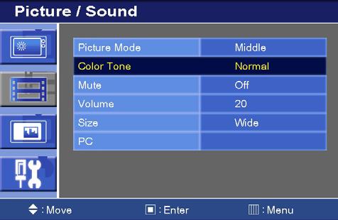2-1. Color Tone 1) Press the up( ) or down( ) button to select the Color Tone. 2) Press the right( ) or SOURCE/SELECT button.