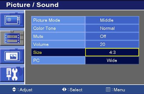 4) Press the right( ) or SOURCE/SELECT button. 5) Press the left( ) or right( ) button to adjust the PC setting. 6) Press the MENU button to save. Auto Adjust: Auto geometry adjustment.