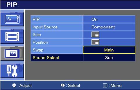 5. Sound Select 1) Press the up( ) or down( ) button to select the Sound Select. 2) Press the right( ) or SOURCE/SELECT button.