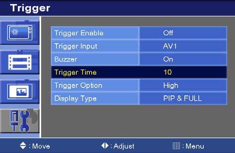 6-4. Trigger Time 1) Press the up( ) or down( ) button to select the Trigger Time. 2) Press left() or right() button to adjust Trigger Time setting. 3) Press the MENU button to save.