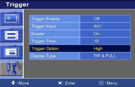 3) Press the up( ) or down( ) button to select the Trigger Option setting. 4) Press the Menu button to save. N/C (Normal Closed): When Trigger cable is opened, Trigger function is activated.