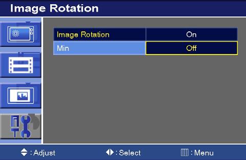 8-1. Image Rotation On/Off 1) Press the right( ) or SOURCE/SELECT button. 2) Press the up( ) or down( ) button to select the On or Off. 3) Press the Menu button to save. 8-2.