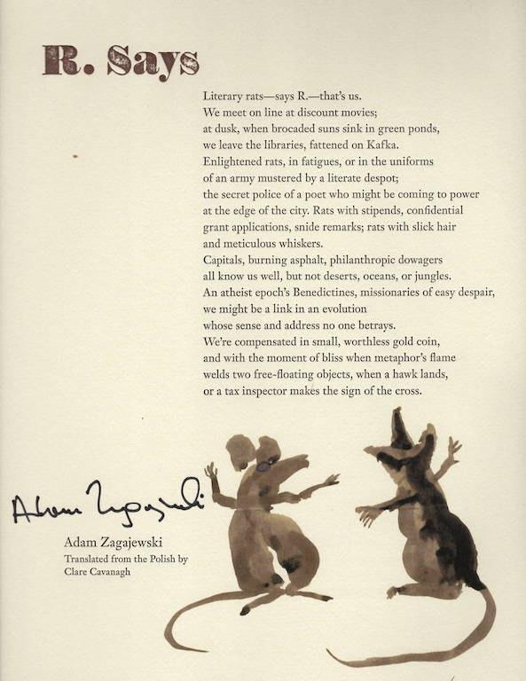 Illustrated broadside, 9 x 12 inches, of an Adam Zagajewski poem translated from the Polish by Clare Cavanagh, with an illustration by Roberto Chavez.
