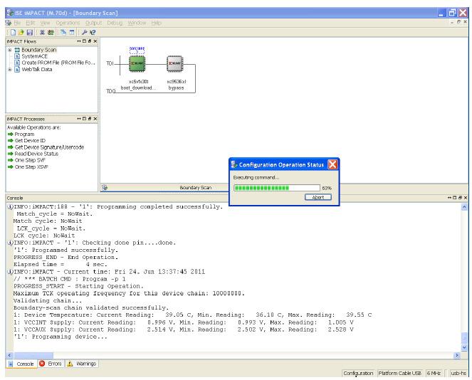 Run Xilinx impact programming tool and select boot_download.