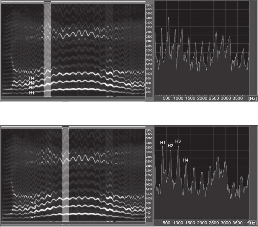 Fig. 1. Sonagrams (left) and spectra corresponding to the light vertical stripes in the sonagrams (right) of a passaggio within a scale from F3 to F4 sung by a baritone on [a:].