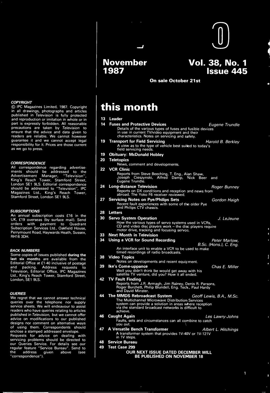 November Vol. 38, No. 1 1987 Issue 445 On sale October 21st COPYRIGHT IPC Magazines Limited, 1987.