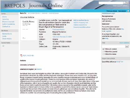 Screen shot of the article list Food & History,Volume 4, Number 2/2006 Multiple view options Multiple