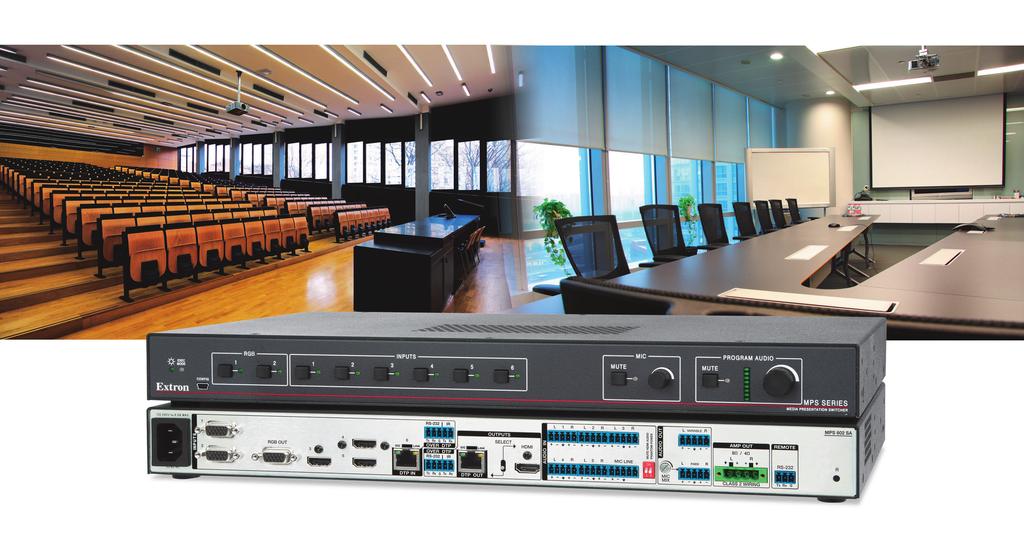 SWITCHERS MPS 602 MEDIA PRESENTATION SWITCHER WITH DTP EXTENSION Simplified AV Switching with Powerful Integration Capabilities Integrates, RGB, and audio sources into presentation systems Selectable