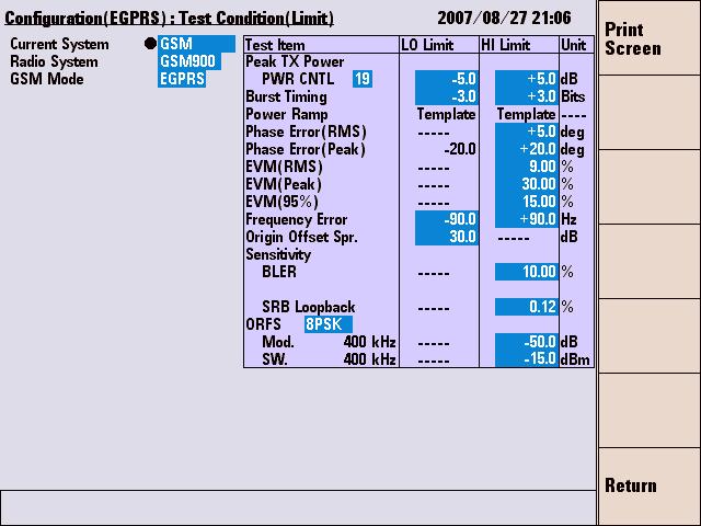 4 Operating Procedures Figure 4-66 [Configuration (EGPRS): Test Condition (Limit)] Screen Step 7 Set appropriate test limits in the cells of the test items as shown in Figure 4-65.