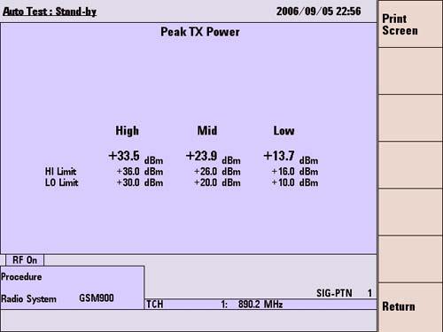 Screen Reference 5 Graph/Value Screen Peak TX Power This function measures and analyzes peak transmission power with three different levels against the limits set on the [Configuration: Test