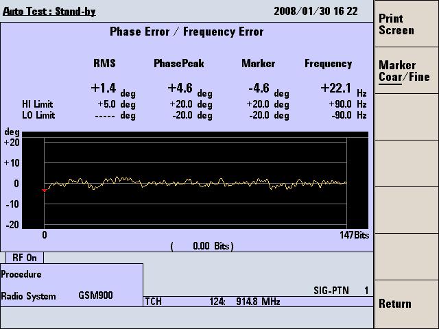 5 Screen Reference Phase Error/ Frequency Error This function measures and analyzes the RMS and peak phase errors and frequency error over the active part of the timeslot between 0 to 147 bits.