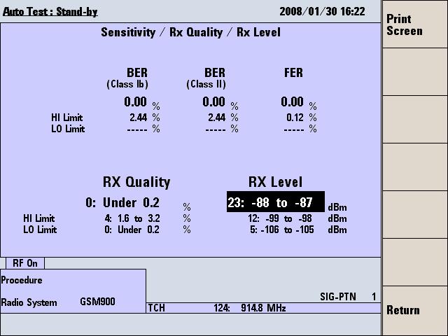 5 Screen Reference Sensitivity/ RX Quality/ RX Level This function measures and analyzes the received sensitivity in the BER (bit error rate) and FER (frame error rate) formats using the loop back