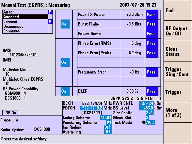 Screen Reference 5 Figure 5-76 [TX Analyzer: Output RF Spectrum] Screen Softkey Menu Field Softkey Menu 1 RF Output On/Off: Selects the RF power output from On and Off.
