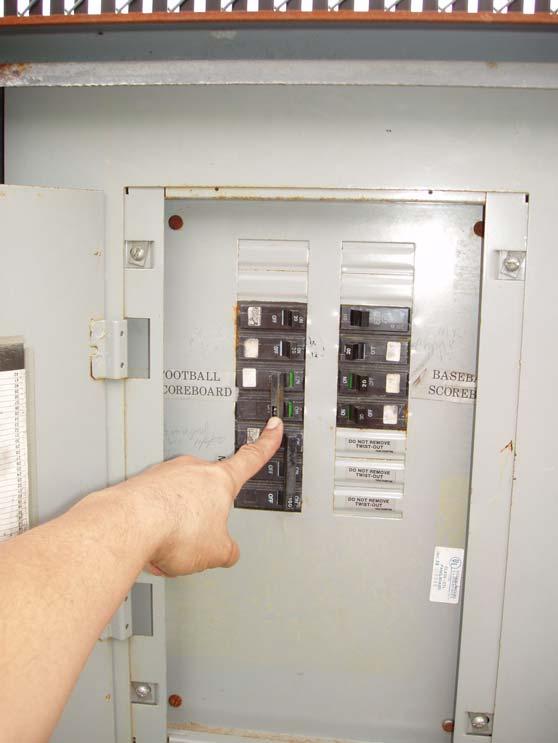 Locating the Switch The switch in the circuit breaker box is marked FOOTBALL SCOREBOARD.