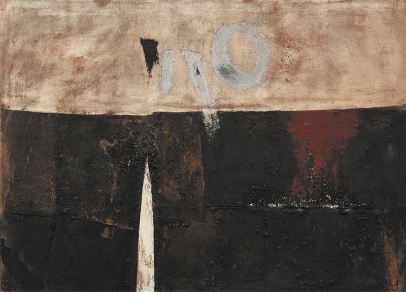 Slika 6: Janez Bernik, Kompozicija XIV, olje na platno, 145 x 202, 1961 Najznačilnejši Bernikov znak je bila magma, ki je bila prvi primer njegovega novega pristopa k slikarstvu.