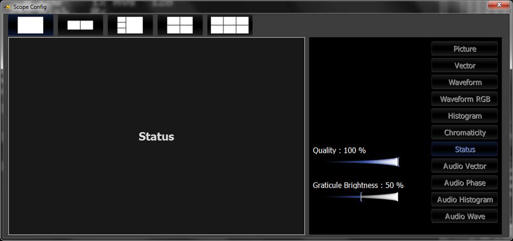 Status Window Status Setup To display the Status view, press the Scope Config button. This opens the Scope Config window. Click on the Status button on the right.