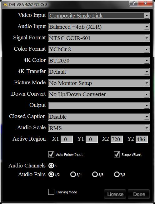 Settings Window Video Input pulldown menu - allows the user to select between the HD-SDI, HDMI or analog inputs. In the case of dual link, 2 inputs are used.
