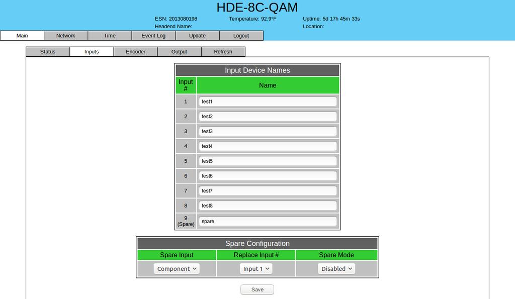 HDE-8C-QAM 5. "Main > Inputs" Screen The Main > Inputs screen (Figure 5.