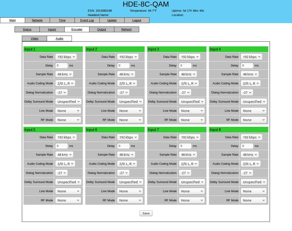 6 HDE-8C-QAM 5.. Main > Encoder > Audio Screen The Main > Encoder > Audio screen (Figure 5.