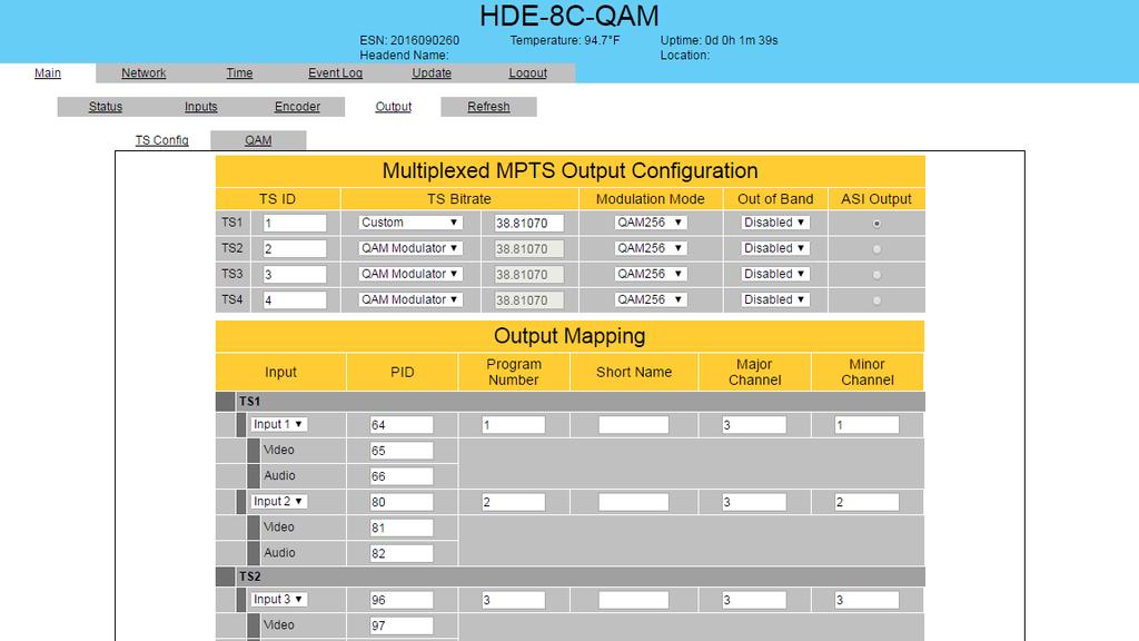8 HDE-8C-QAM 5.5 "Main > Output" Tab The Main > Encoder tab is a user-configurable section and includes the following sub-tabs: TS Config and QAM. 5.5. Main > Output > TS Config Screen The Main > Output > TS Config screen (Figure 5.