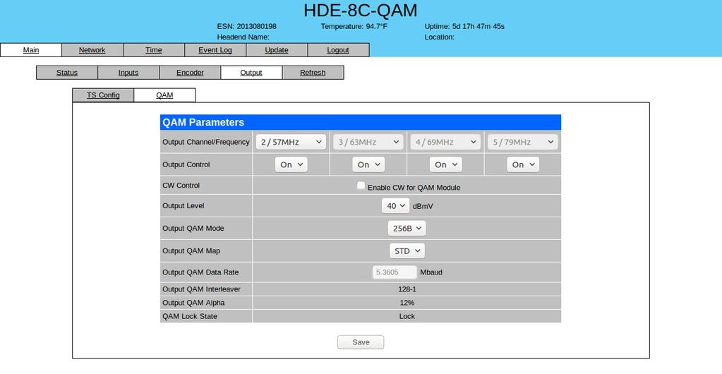 0 HDE-8C-QAM 5.5. Main > Output > TS Config Screen (continued) 0 Major Channel: user may enter the major channel number for the output program. The range is to 99 for Terrestrial and to 999 for Cable.