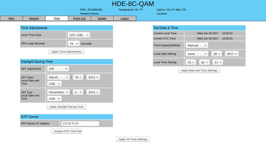 6 HDE-8C-QAM 5.8 Time Screen The Time screen (Figure 5.8) allows you to set the current date and time for the unit.