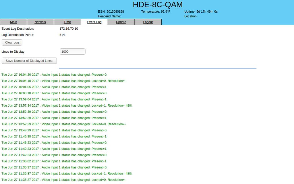 HDE-8C-QAM 5.9 Event Log Screen The Event Log screen (Figure 5.9) is a read and write screen where the following parameters can be displayed or configured.