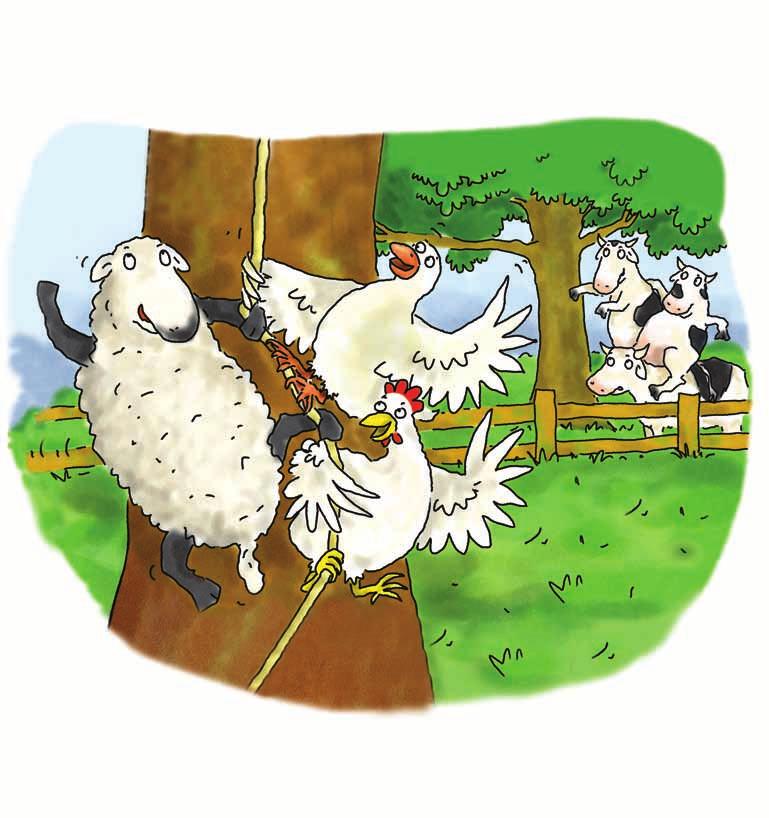 They all swung on the rope to show Horse what to do. Quack-quack! Cluck-cluck! Baa-baa!